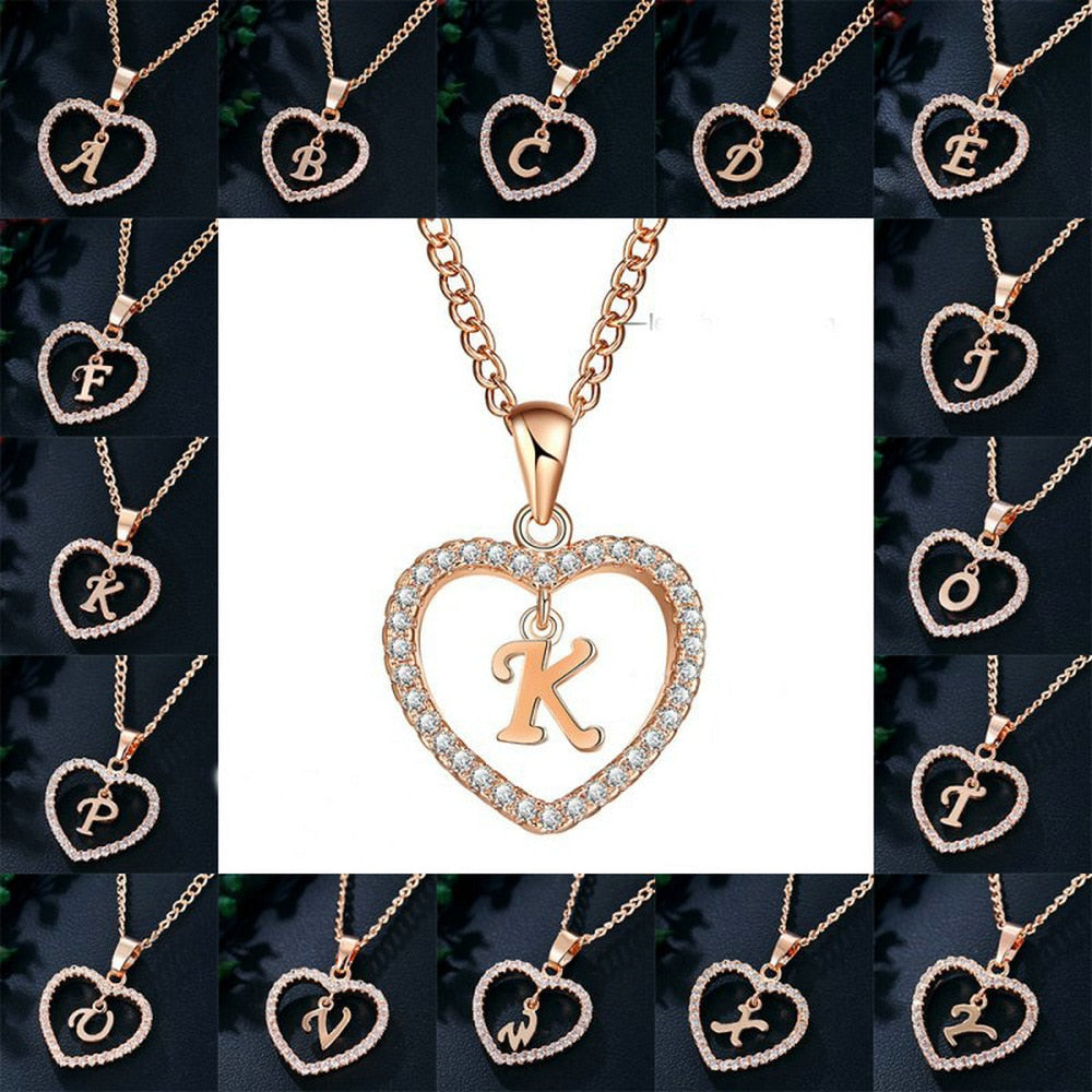 Womens Jewelry Name Initials Heart Pendant Necklace 26 Letters Zircon Love Necklaces Girls Gifts the First Letter Accessories